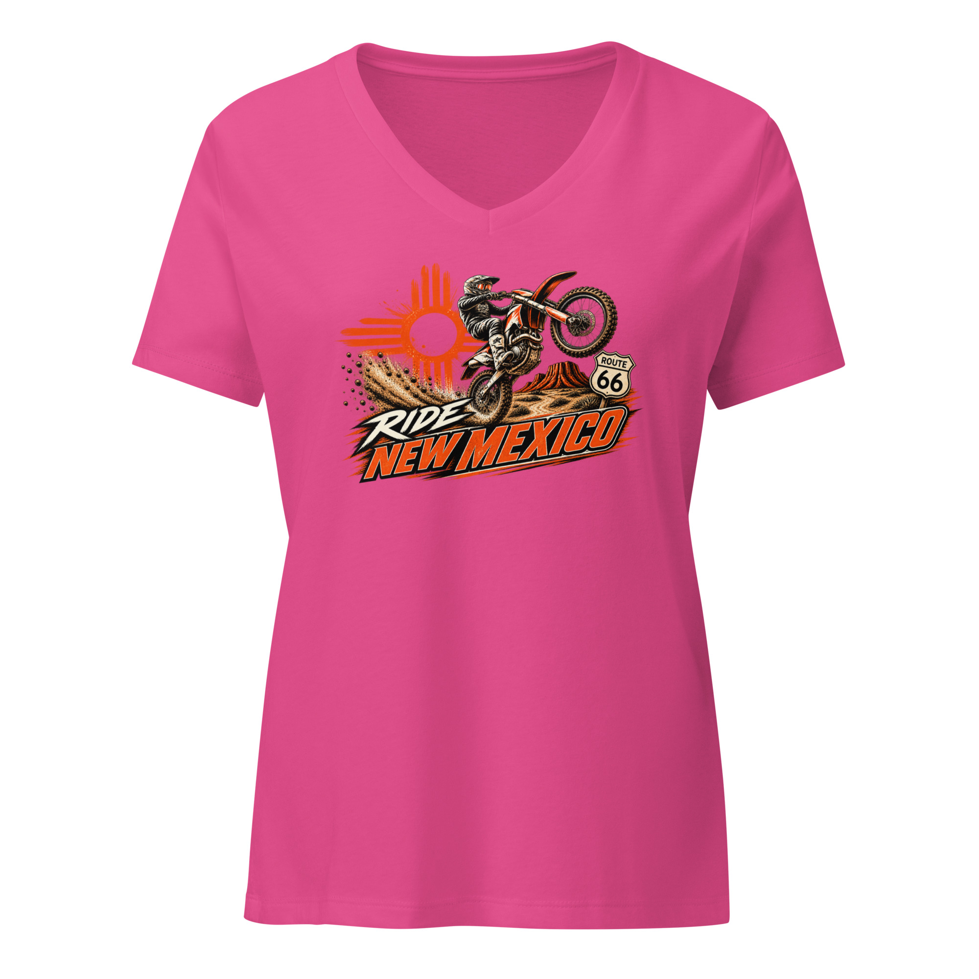 Ride New Mexico Route 66 Desert Challenge Women’s relaxed v-neck t-shirt— AVAILABLE IN MULTIPLE COLORS —TAP to CHOOSE COLOR - Image 4