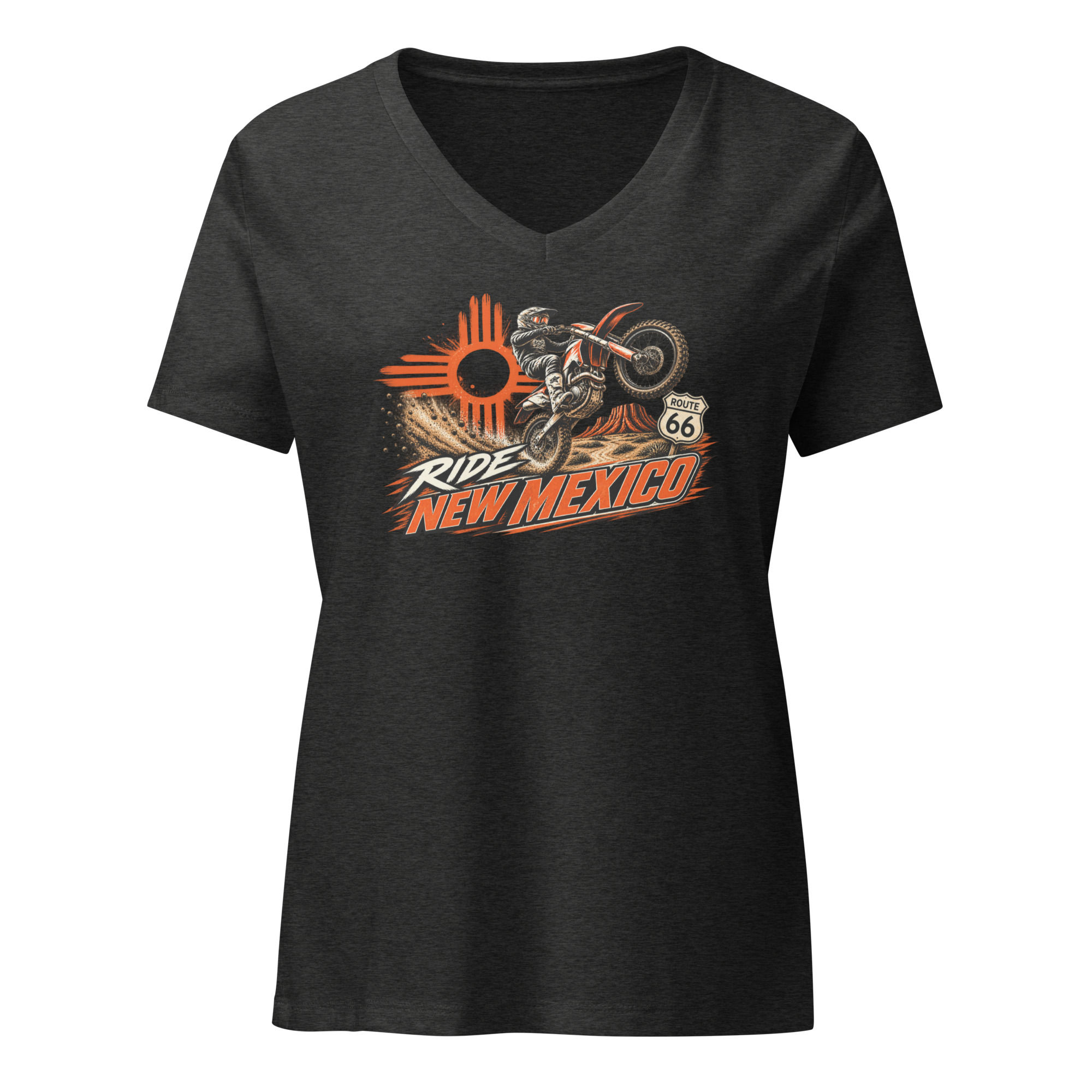 Ride New Mexico Route 66 Desert Challenge Women’s relaxed v-neck t-shirt— AVAILABLE IN MULTIPLE COLORS —TAP to CHOOSE COLOR