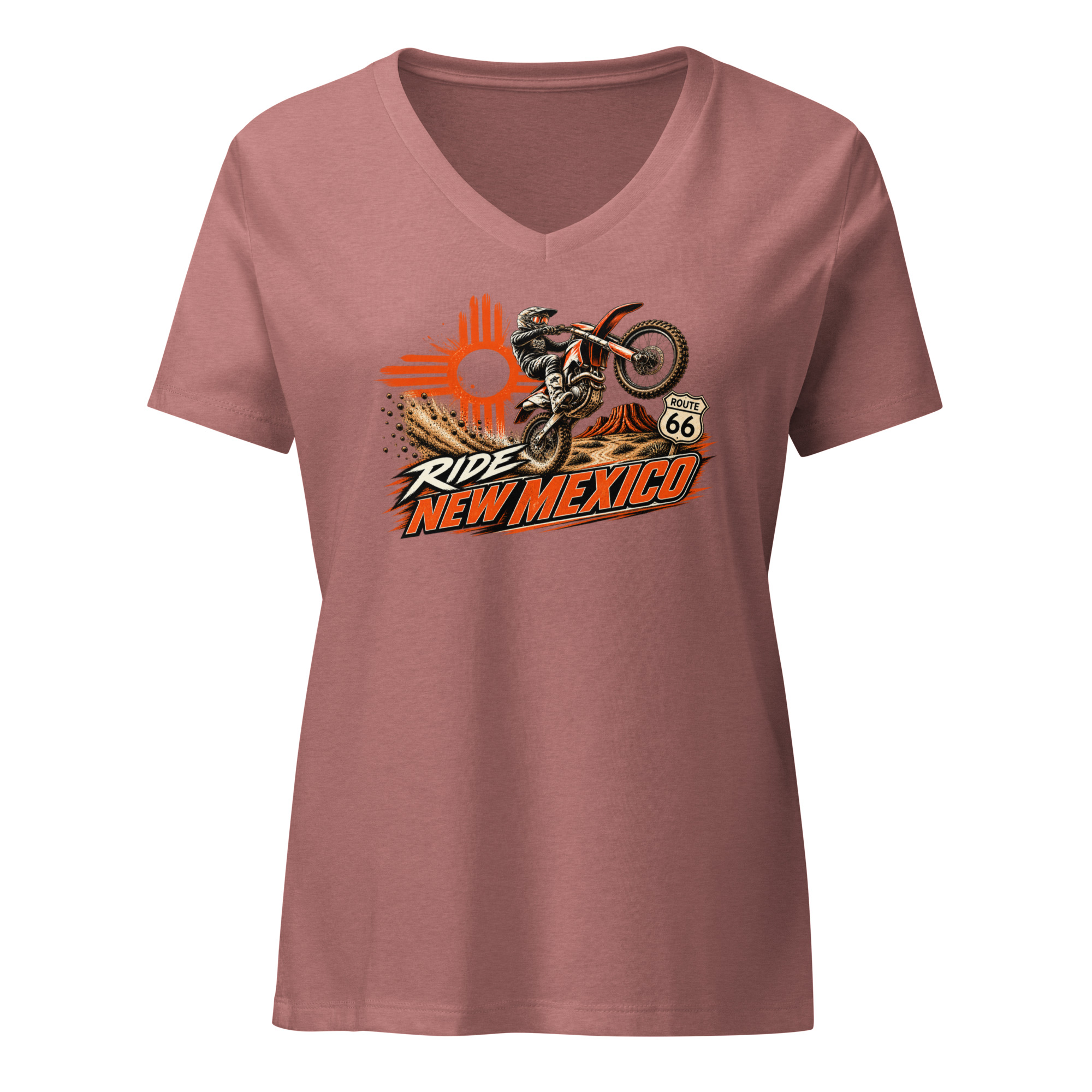Ride New Mexico Route 66 Desert Challenge Women’s relaxed v-neck t-shirt— AVAILABLE IN MULTIPLE COLORS —TAP to CHOOSE COLOR - Image 5