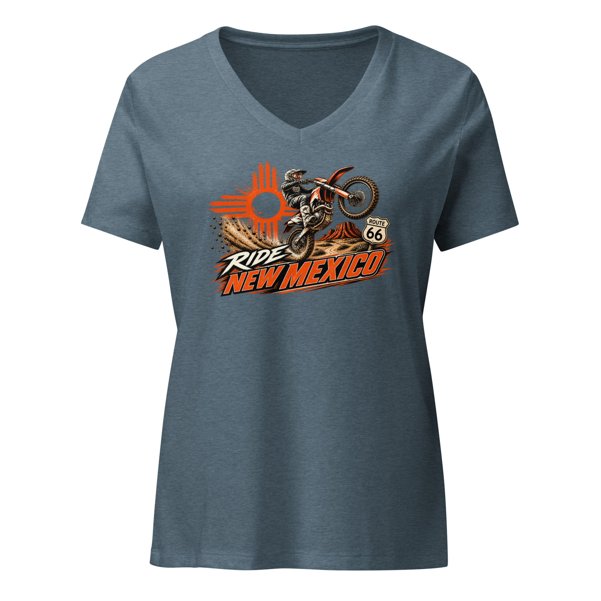 Ride New Mexico Route 66 Desert Challenge Women’s relaxed v-neck t-shirt— AVAILABLE IN MULTIPLE COLORS —TAP to CHOOSE COLOR - Image 3