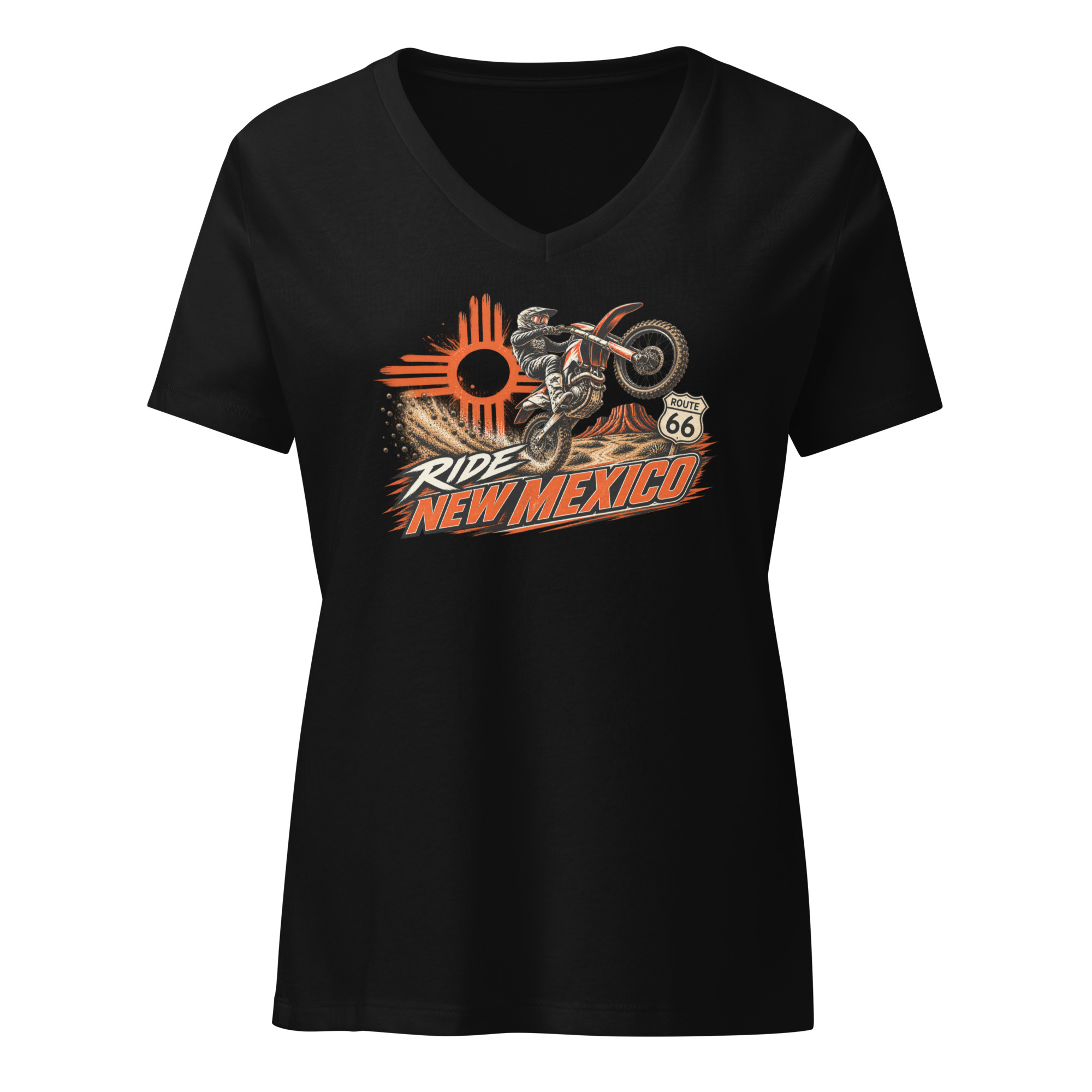 Ride New Mexico Route 66 Desert Challenge Women’s relaxed v-neck t-shirt— AVAILABLE IN MULTIPLE COLORS —TAP to CHOOSE COLOR - Image 2