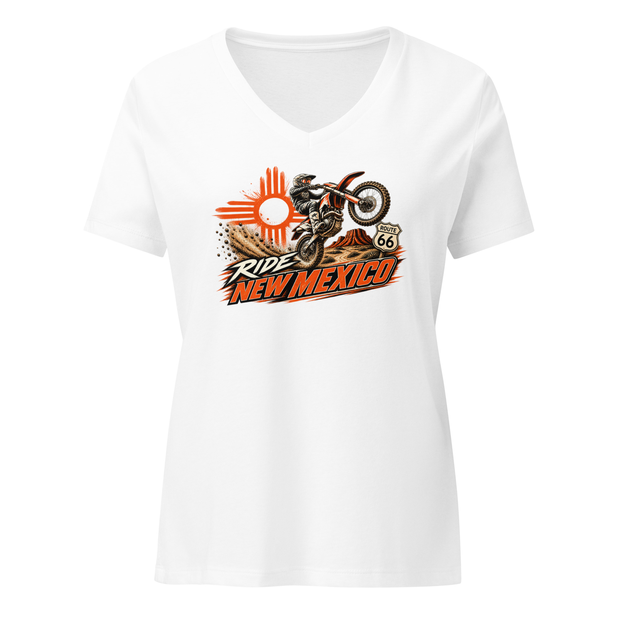Ride New Mexico Route 66 Desert Challenge Women’s relaxed v-neck t-shirt— AVAILABLE IN MULTIPLE COLORS —TAP to CHOOSE COLOR - Image 7
