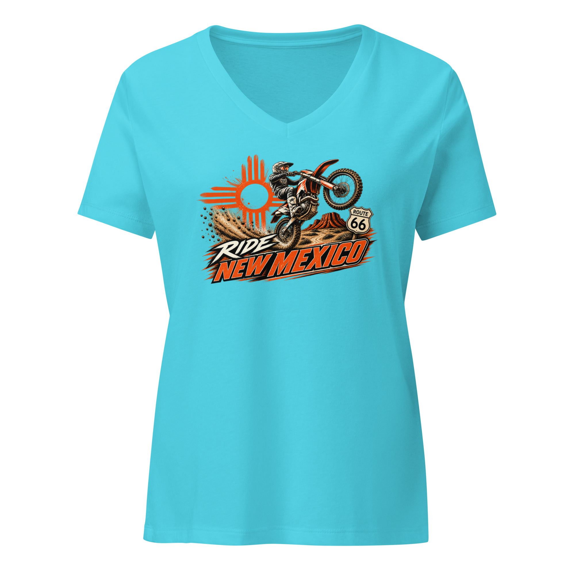 Ride New Mexico Route 66 Desert Challenge Women’s relaxed v-neck t-shirt— AVAILABLE IN MULTIPLE COLORS —TAP to CHOOSE COLOR - Image 6