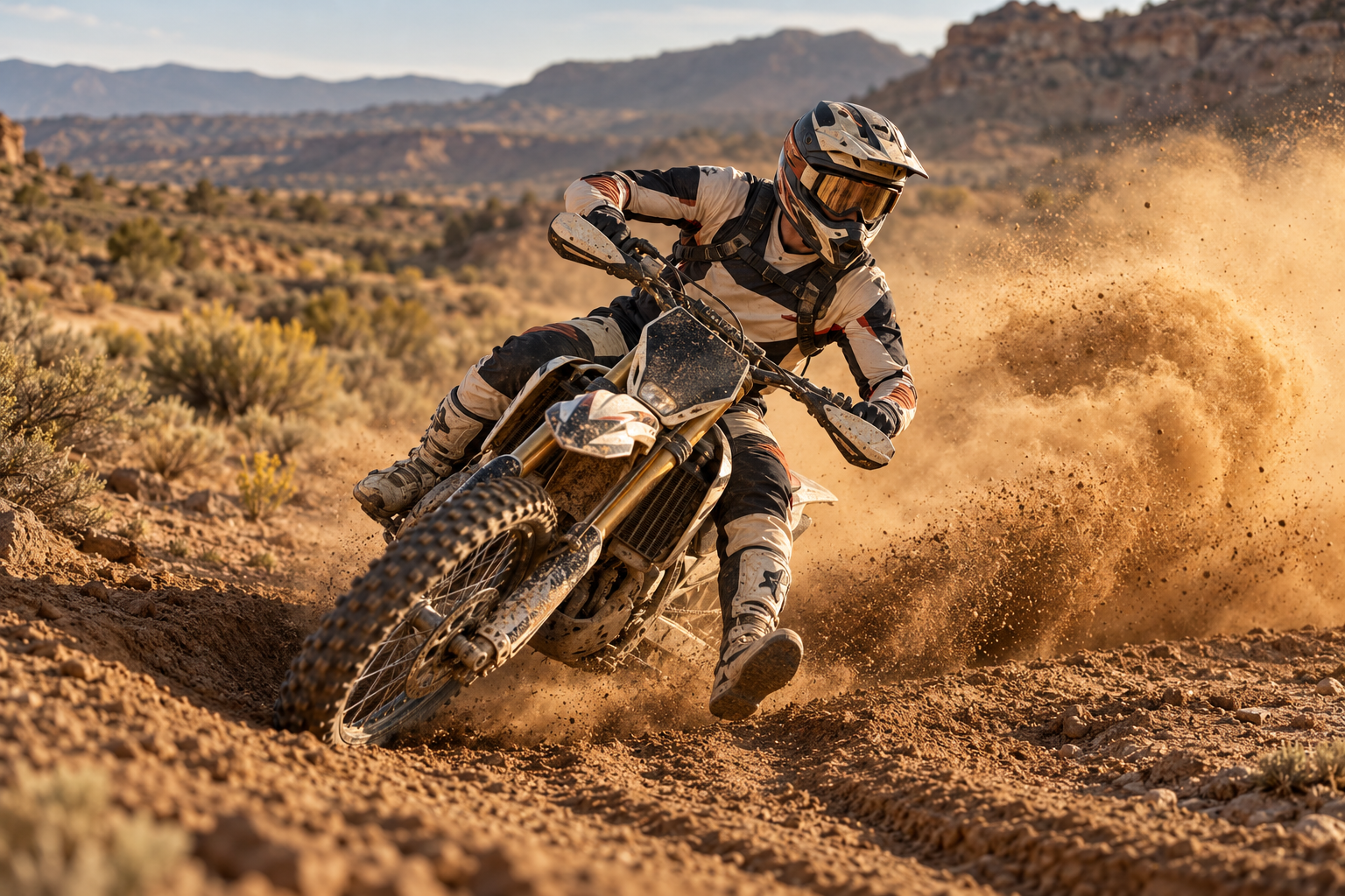 AI illustration of a desert racer cornering through a cloud of dust
