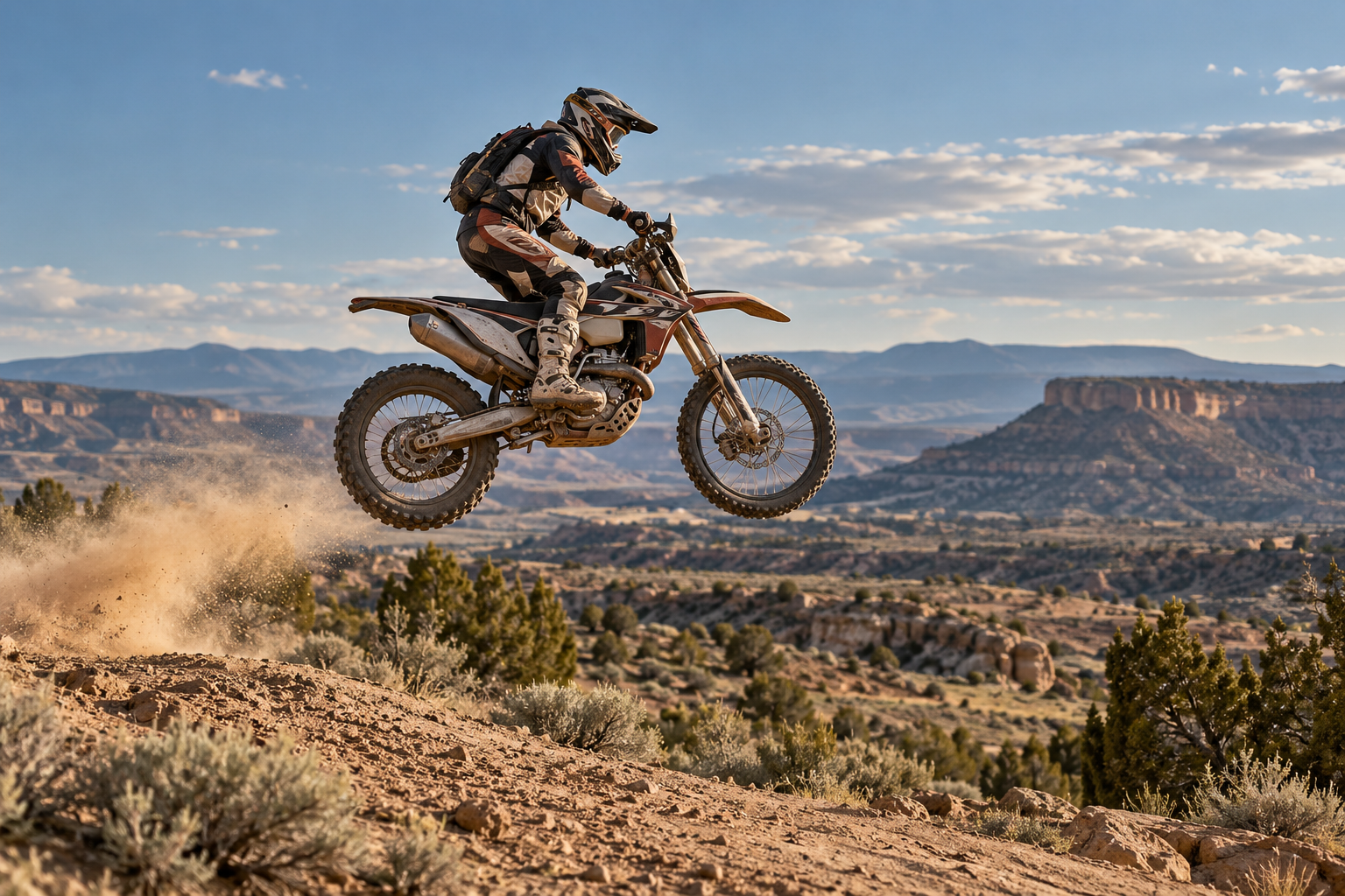 AI illustration of a dirt bike rider jumping against New Mexico mesas